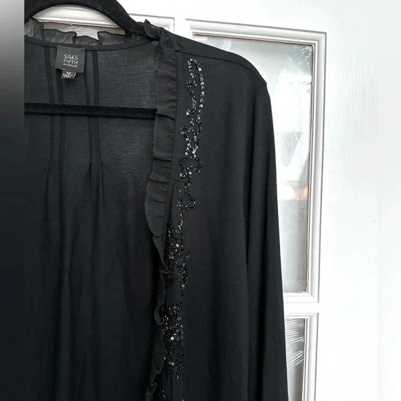 Saks Fifth Avenue Black Ruffle Sequin Lightweight Open Front Cardigan Size M - Picture 3 of 13